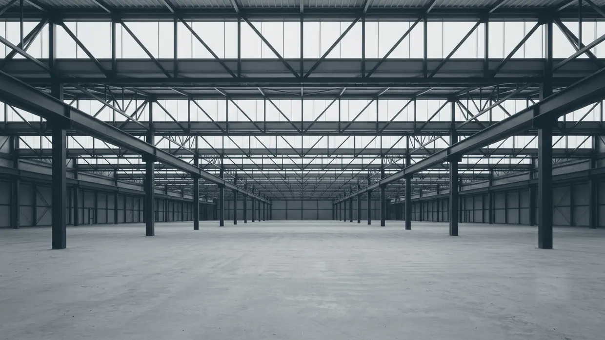 Abstract view of an empty industrial hall roof structure